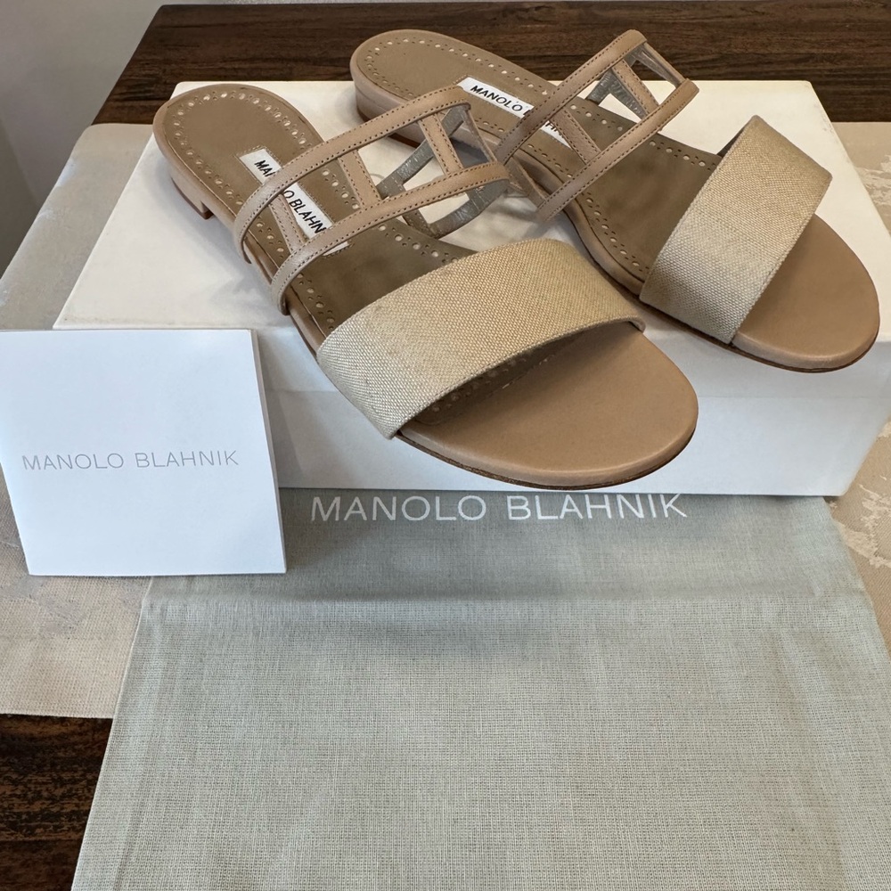 NIB Manolo Blahnik Tan Linen & Leather Sandals EU 38.5/US 8.5